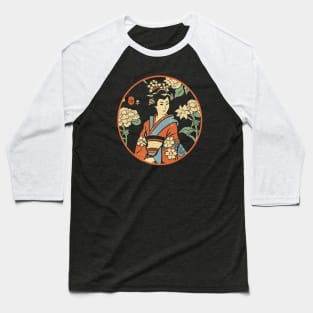 Woodblock print Japanese geisha in a temple garden Baseball T-Shirt